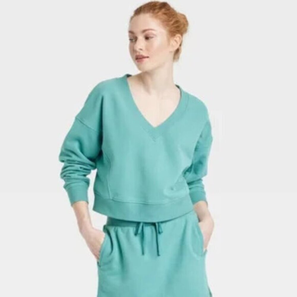 JoyLab Women's French Terry V-Neck Sweatshirt Teal Green NWT